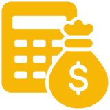 Yellow calculator with a bag of money next to it